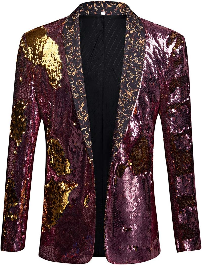 PYJTRL Men Stylish Two Color Conversion Shiny Sequins Blazer Suit Jacket