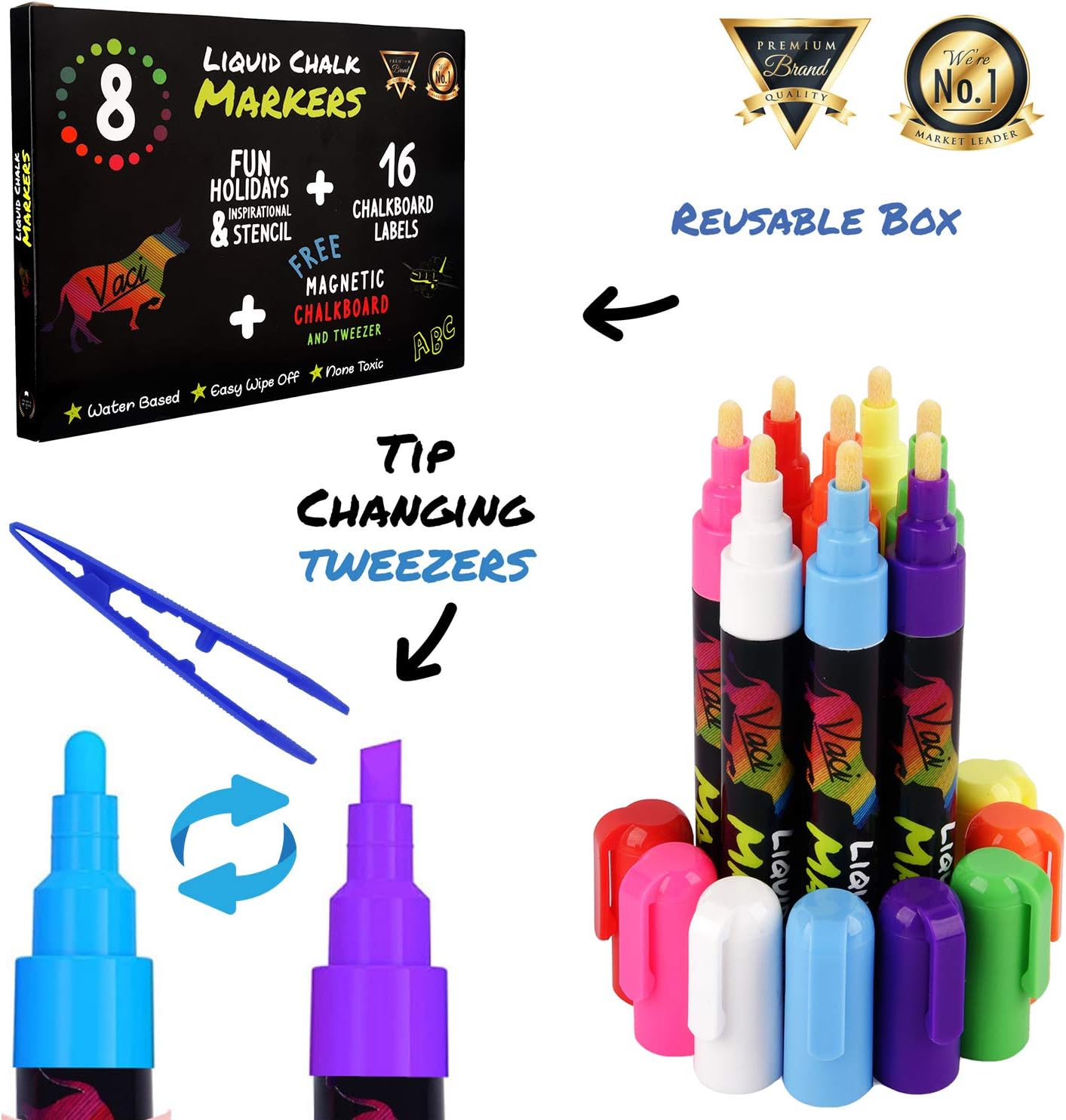 Chalk Markers by Vaci, Pack of 8 + Magnetic Chalkboard + Drawing Stencils + 16 Labels, Premium Liquid Chalkboard Neon Pens, Bullet or Chisel Reversible Tips : Office Products
