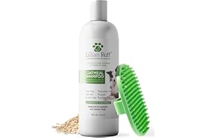Lillian Ruff PRO Formula Deodorizing Oatmeal Dog Shampoo - Calms Itching & Allergies, Ultra-Nourishing Dry Skin Relief - Oatmeal, Aloe, Coconut Oil, Lavender & Provitamin B5 - Made in USA 16oz+Brush