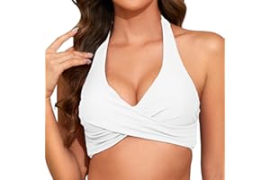 Zonsaoja Women Bikini Top Halter V Neck Cross Front Swimsuit Top Self Tie Bathing Suit Top