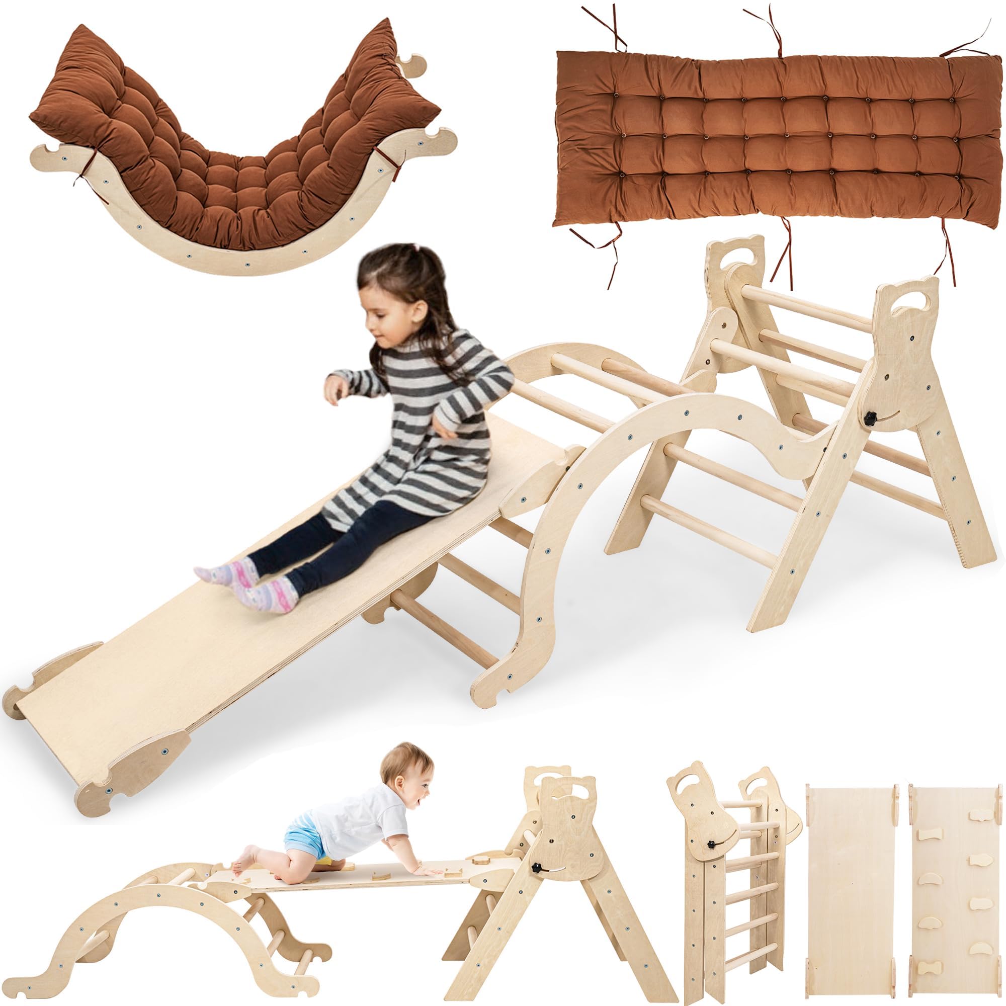 Toddler Climbing Frame for Toddlers Age 1 2 3 4 5, Indoor Kids Wooden Climbing Frame with Slide Ramp Triangle Climber Arch and Cushion Montessori Toy Toddler Kid Gym - Medium (Natural and Unpainted)