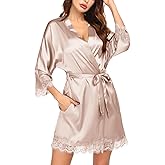 Ekouaer Womens Silk Robe Short Lace Trim Satin Robe 3/4 Sleeve Sexy Kimono Bride Bathrobe Comfy Sleepwear with Pockets