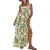 ECOWISH Women Sleeveless Maxi Dress: Summer Spaghetti Strap Casual Loose Boho Beach Dress Asymmetric Tiered Flowy Long Dress