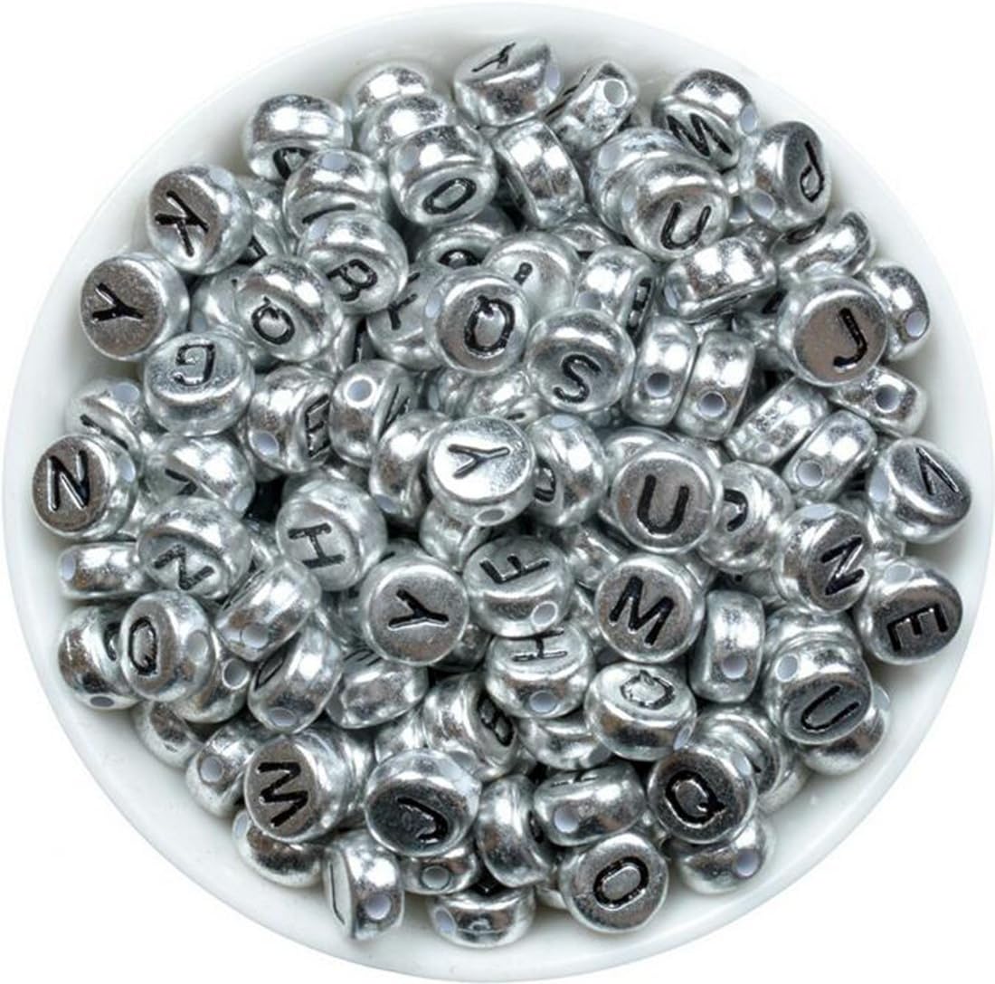 iZasky Pony Beads Letters 6mm - 7mm Mixed Color Alphabet Number Cube Square Beads Making Bracelets, Necklaces, Key Chains and Jewelry (Circular 7mm, Silver - Black Alphabet)