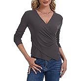Womens Long Sleeve Wrap Tops, Casual V Neck Cross Wrap Top Ruched Asymmetrical Slim Fit Shirts