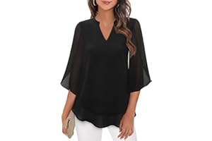 Bebonnie Womens Tops Dressy Casual Ruffle 3/4 Sleeve V Neck Double Layers Chiffon Blouses Tops