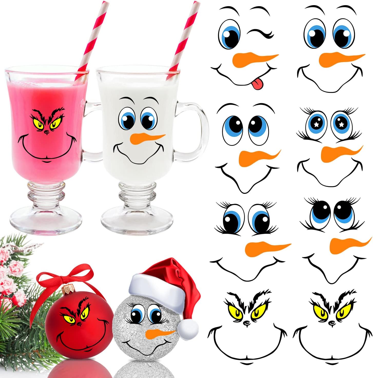 Window Treatments - 24 PCS Snowman Face Stickers for Christmas Ornaments, Cartoon Decals for Christmas Ball/Refrigerator/Water Bottles, DIY Vinyl Stickers for Home Christmas Party Decorations, 2 Styles