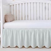 Mindsoft Green Scallop Edge Cotton Crib Skirt Ticking Strip Farmhouse Chic Nursery Bed Skirt Gender Neutral for Baby Boys Girls Fits Standard Cribs Toddler Beds, 52" x 28" x 16" Drop