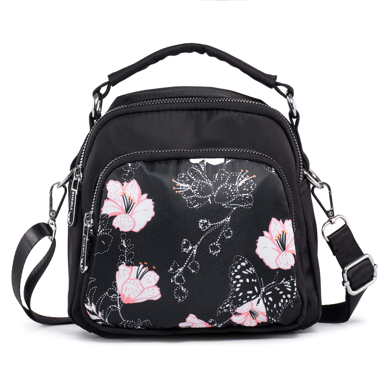 LaRechor Crossbody Bags for Women Nylon Small Shoulder Bags with Handle Flowers Patterned Handbags for Ladies Girls Versatile Cross Body Bag with Multiple Pockets