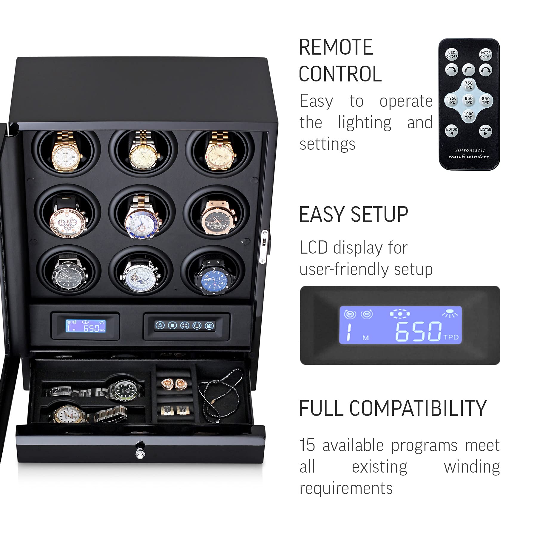 Leader WATCH WINDERS 9 Watch Winder with LED Backlight, Remote Control, LCD Display and 2 Watches Storage Compartment (Black + Black)