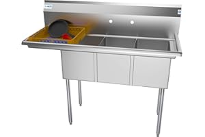 KoolMore 3 Compartment Stainless Steel NSF Commercial Kitchen Sink with Drainboard - Bowl Size 12" x 16" x 10",Silver