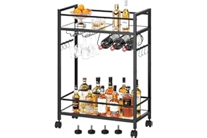 Homedawn Bar Cart with Wine Rack, Serving Cart for Home, Microwave Cart, Drink Cart, Mobile Kitchen Shelf with Glass Holder, Rolling Beverage Cart for Dining Room (Black)