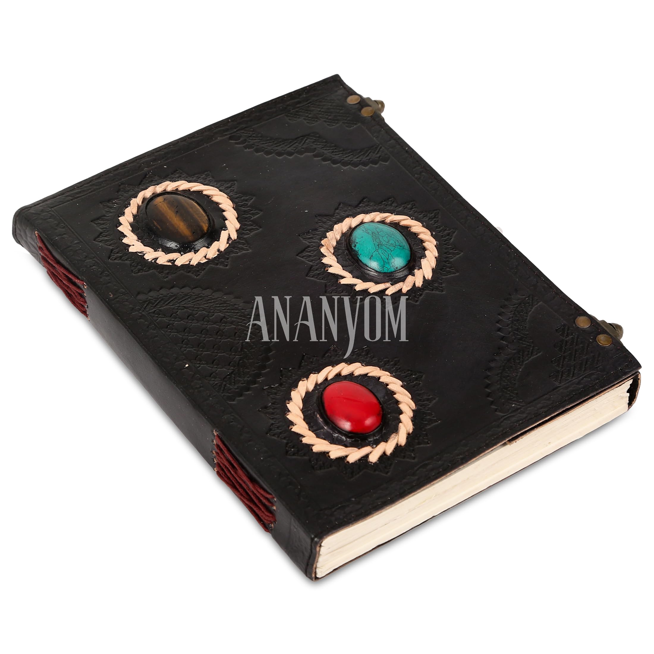 ANANYOM Handmade Leather Journal, Black, 3 Stone Hand Embossed Design, Genuine Leather Notebook Diary Sketchbook with Two Brass Clasp Lock, Journal for Men & Women, Office Journal Handmade Unruled 200