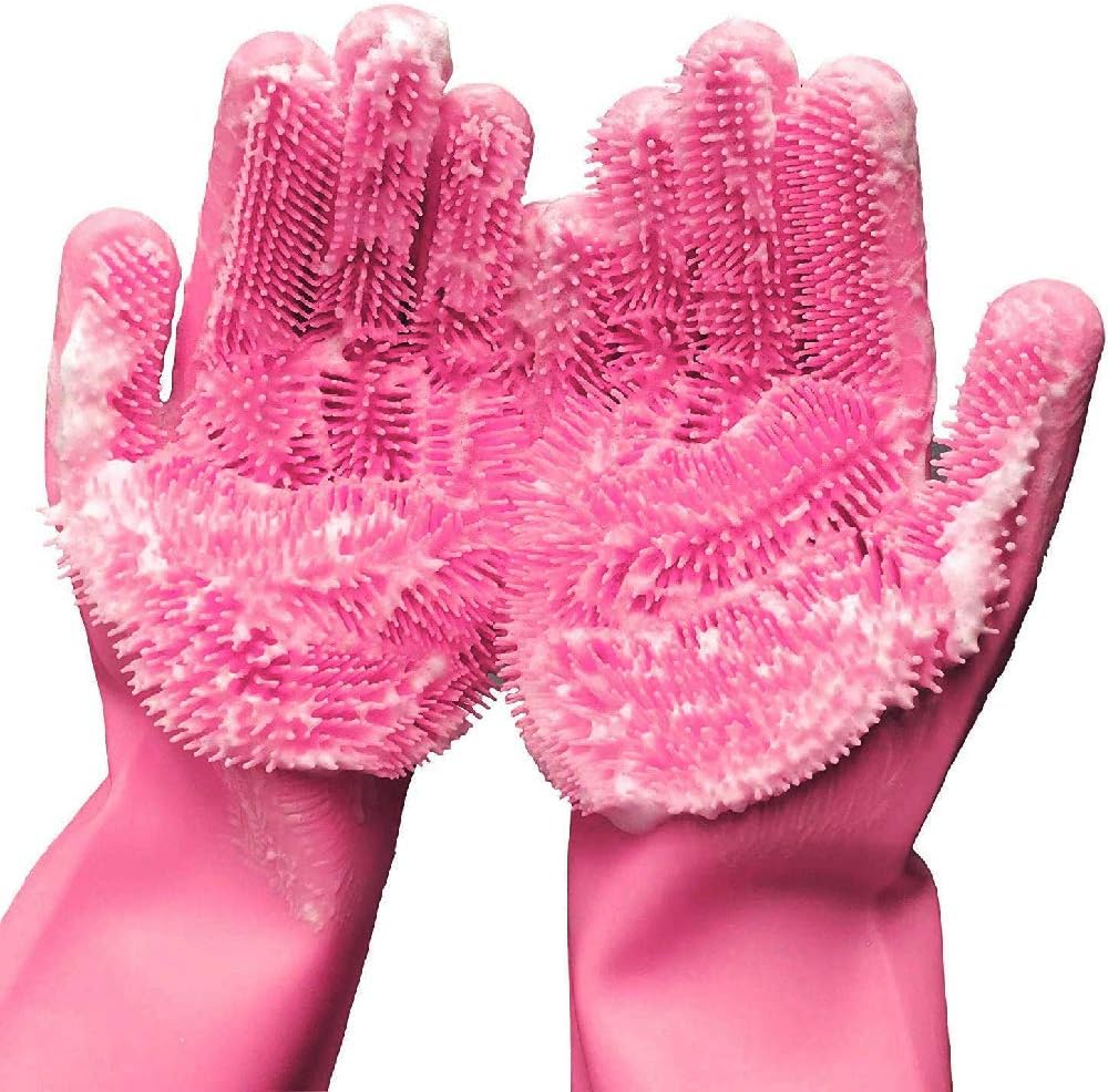 QHand Silicone Dishwashing Gloves, Cleaning Gloves Reusable, Magic Silicone Scrubber Gloves,Kitchen Bathroom Household, Car Wash and Pet Care 13.5 in