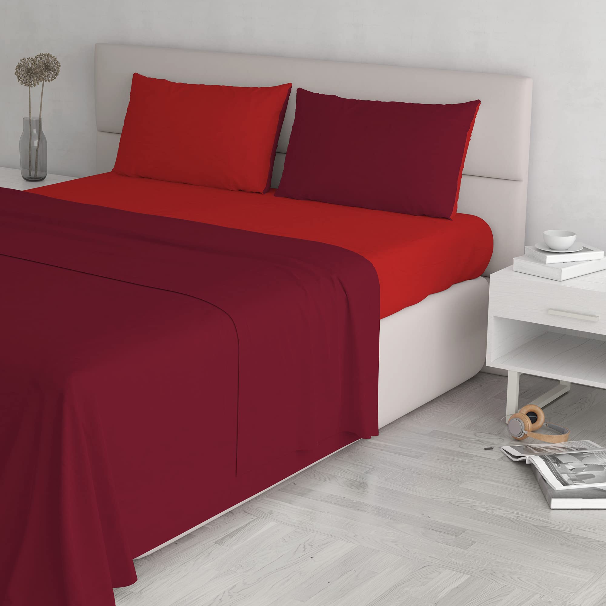 Italian Bed Linen Natural Color Bed Set (Flat 250x300, Fitted Sheet 170x200cm+2 Pillowcases 52x82cm), Petrol Bottle Green, red/Bordeaux, DOUBLE
