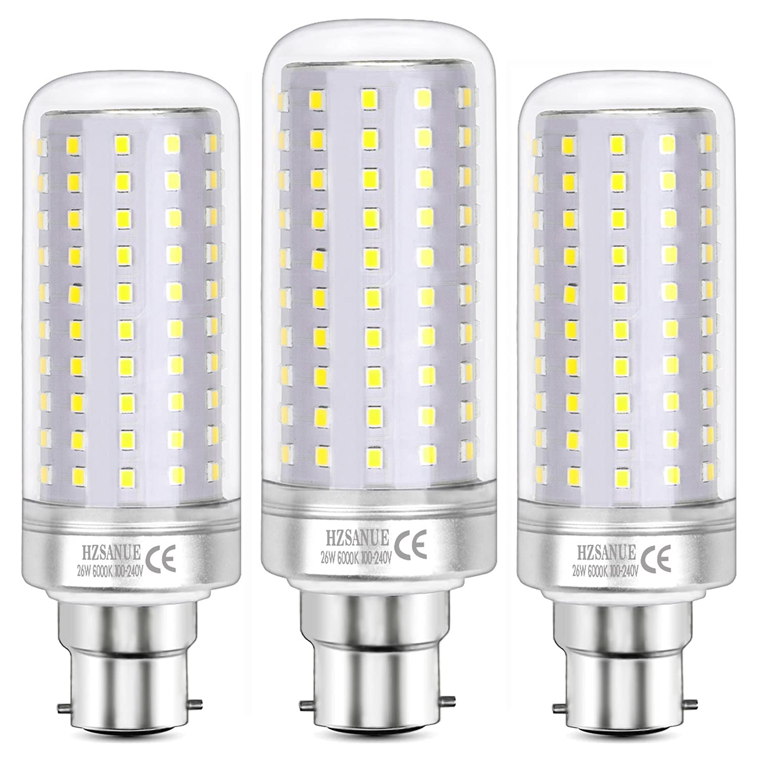 HZSANUE Led Light Bulbs 26W, 200W Incandescent Bulbs Equivalent, 3000Lm, 6000K Daylight White, B22 Bayonet Cap, Pack of 3