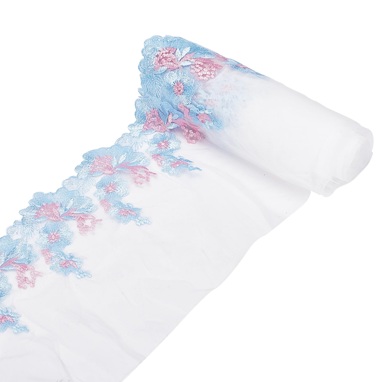 GORGECRAFT 5 Yard 7.9 Inch Wide Flower Lace Edge Trim Ribbon Embroidered Sewing Fabric Appliques Blue Pink Embroidery Floral Pattern Decoration Ornament Accessories for Wedding Dress Embellish DIY