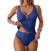 Aidonger Tankini Swimsuit for Women Ribbed Tummy Control Ruched Two Piece Bathing Suit V Neck Swim Top with Bottom