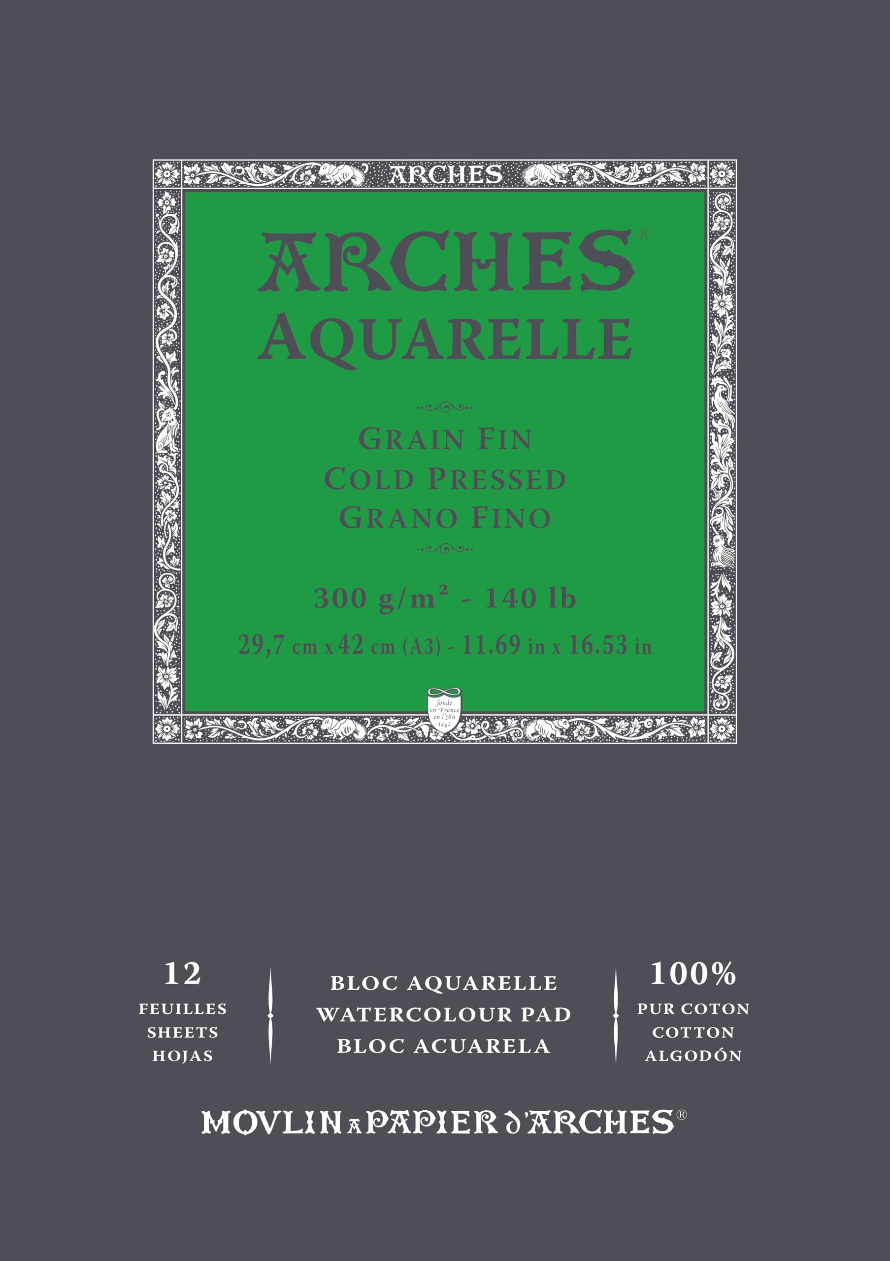 ARCHES Aquarelle 100% Fine 300 g Glued Pad A3 12 sheets Natural White