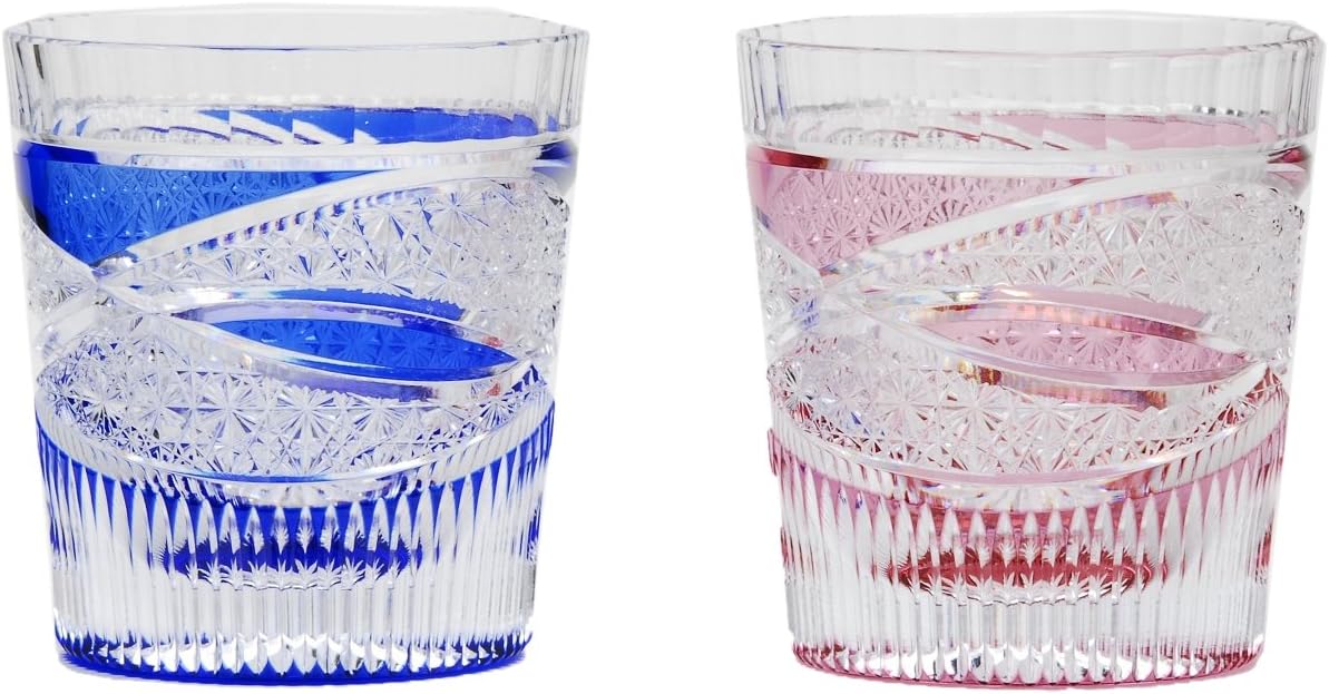 Japanese Paired Rocks Glass of Edo-Kiriko (Cut Glass) Kiku-Tsunagi Pttern