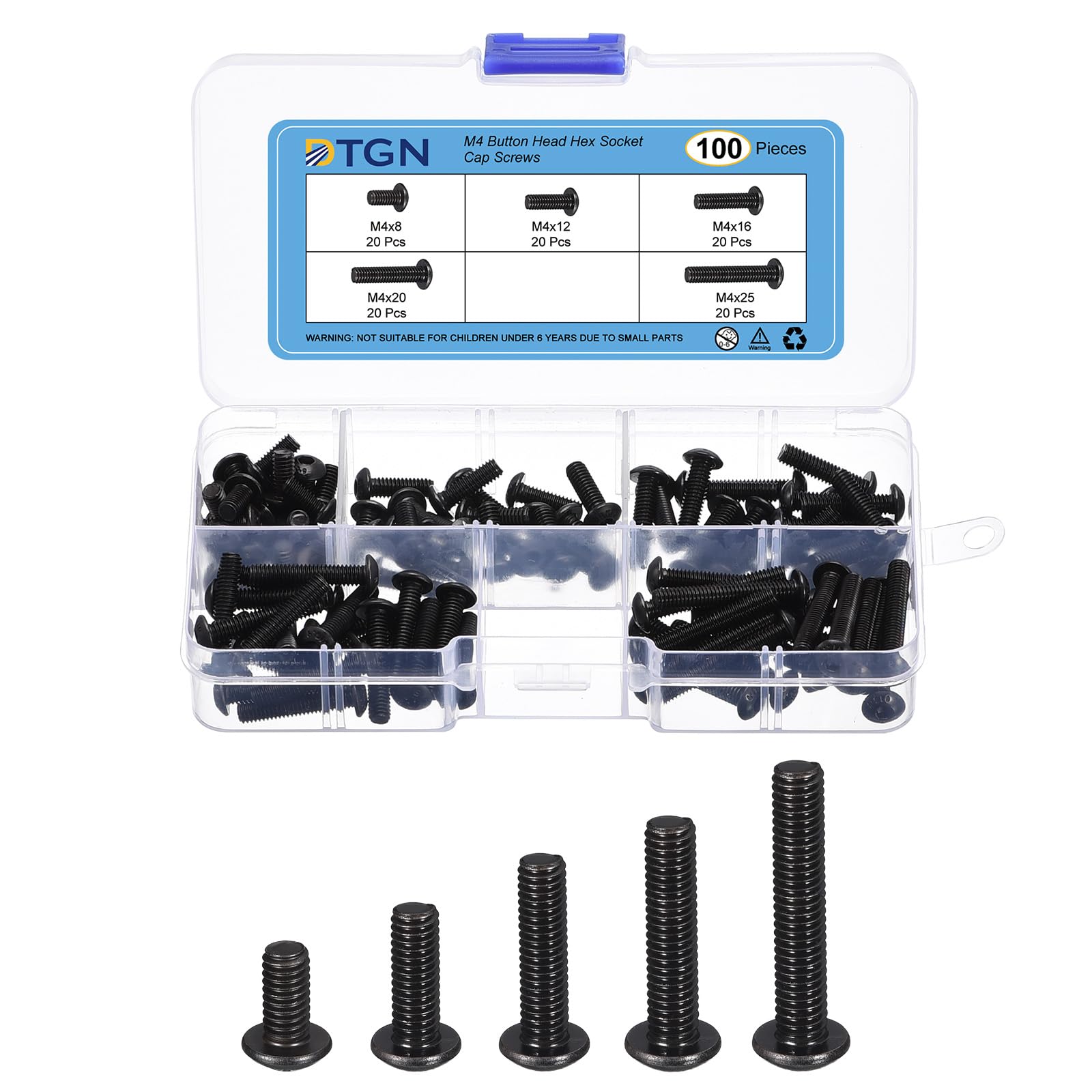 DTGN 100Pcs M4 Button Head Socket Cap Screws Kit - 8/12/16/20/25mm Carbon Steel Black Oxide Full Thread Hex Socket Cap Screw Assortment - Good for Machine, Furniture Repairing