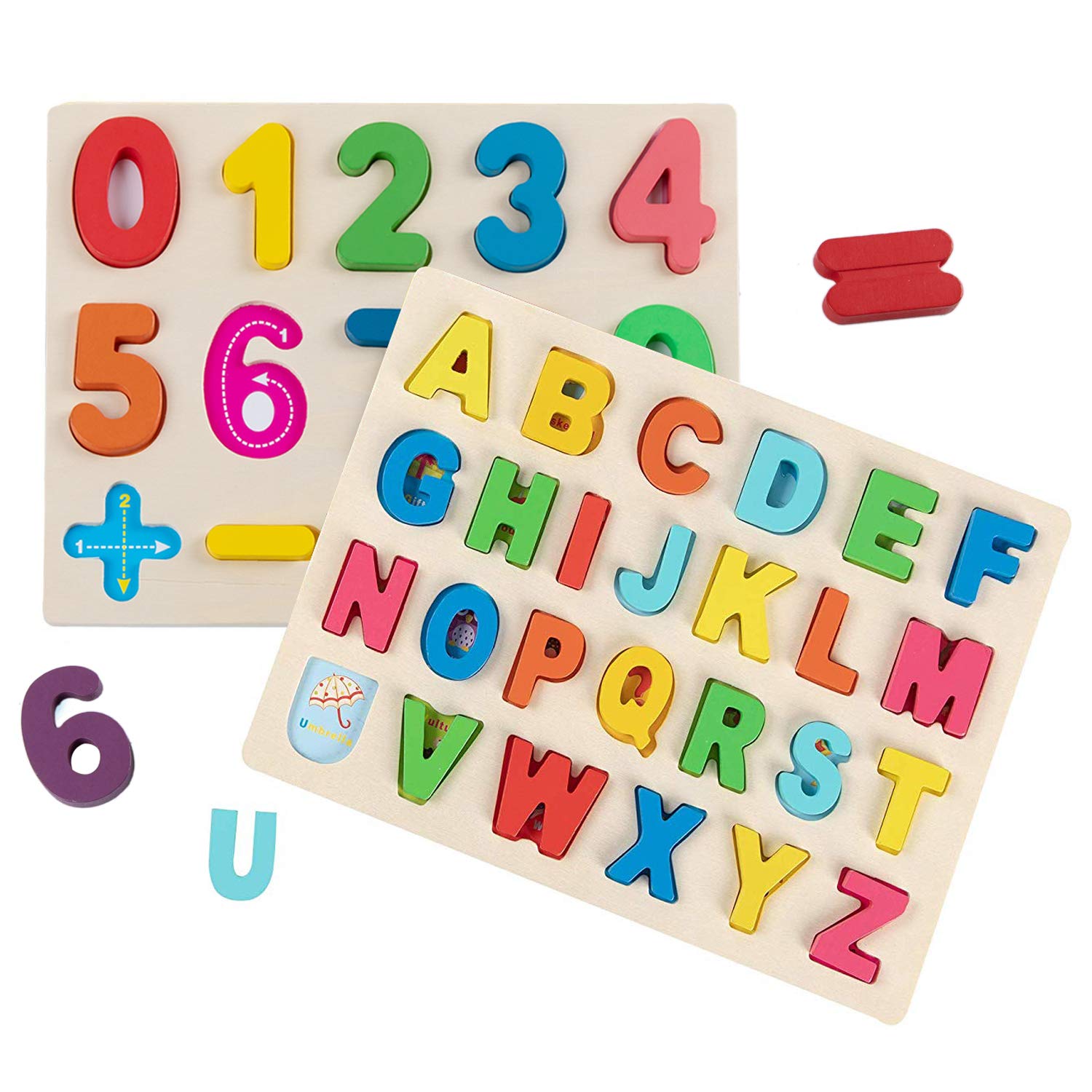 Jacootoys Wooden Puzzles Set, Alphabet ABC and Numbers Recognition Jigsaws Board, Letters Learning Educational Montessori Toys for Preschool Kids Toddler Boys Girls 3 4 5 Years Old