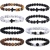 Giovanchi 4-12PCS Bracelets for Men, 8MM Mens Bracelets Lava Rock Black Obsidian Howlite Tiger Eye Beaded Natural Stone Bracelet Jewelry Gifts for Birthday Christmas