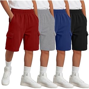 Yooo's Vivi 4 Pack Boys Cargo Sweat Shorts 6-16Y | Youth Wide Leg Bermuda Shorts, Ribbed Elastic Waist, Pockets, Knee Length,