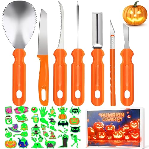 ZYSUN Pumpkin Carving Kit,Halloween Decorations Stainless Steel Pumpkin Carving Tools,Pumpkin Carving Kit for Kids Adults,Carver Tool with Box and Temporary Tattoo,Family DIY Carving Pumpkins Gift