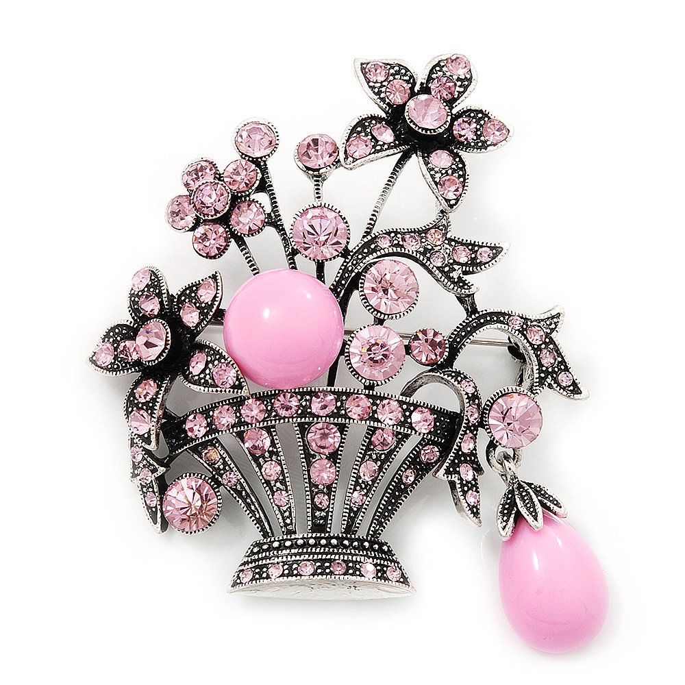 Vintage Pink Diamante Flower Basket Brooch (Burn Silver Finish)