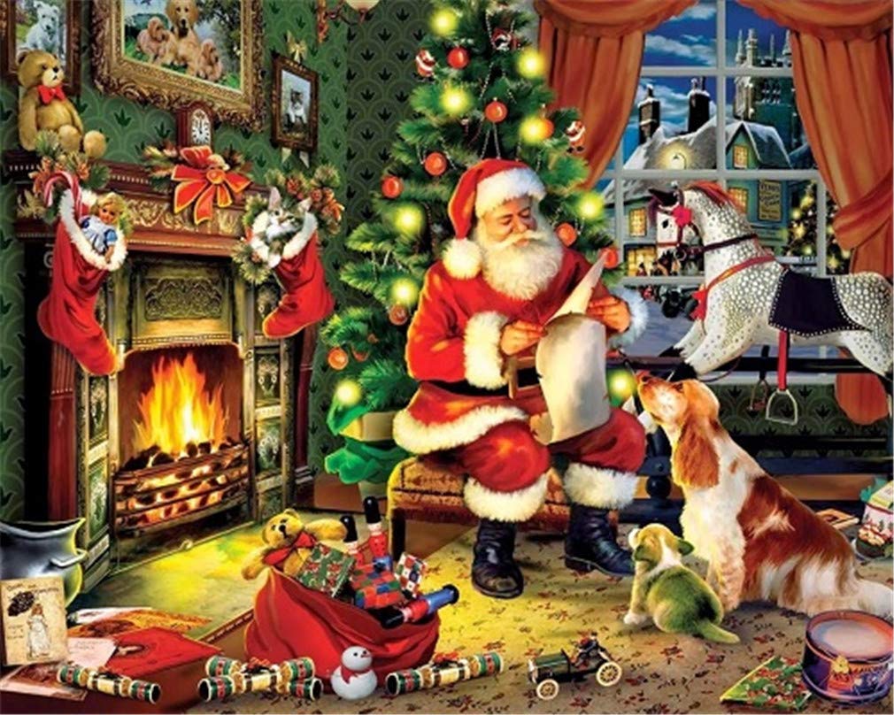 YEESAM ART DIY Paint by Numbers for Adults Beginner Kids, Santa Claus Under The Christmas Tree, Dogs, Gifts 16x20 inch Linen Canvas Acrylic Stress Less Number Painting Gifts