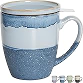 Bosmarlin Ceramic Tea Cup with Infuser and Lid, 16 Oz, 4 Colors to Choose, Dishwasher and Microwave Safe, Steeping Tea Mug with Strainer, Reactive Glaze, (Blue)