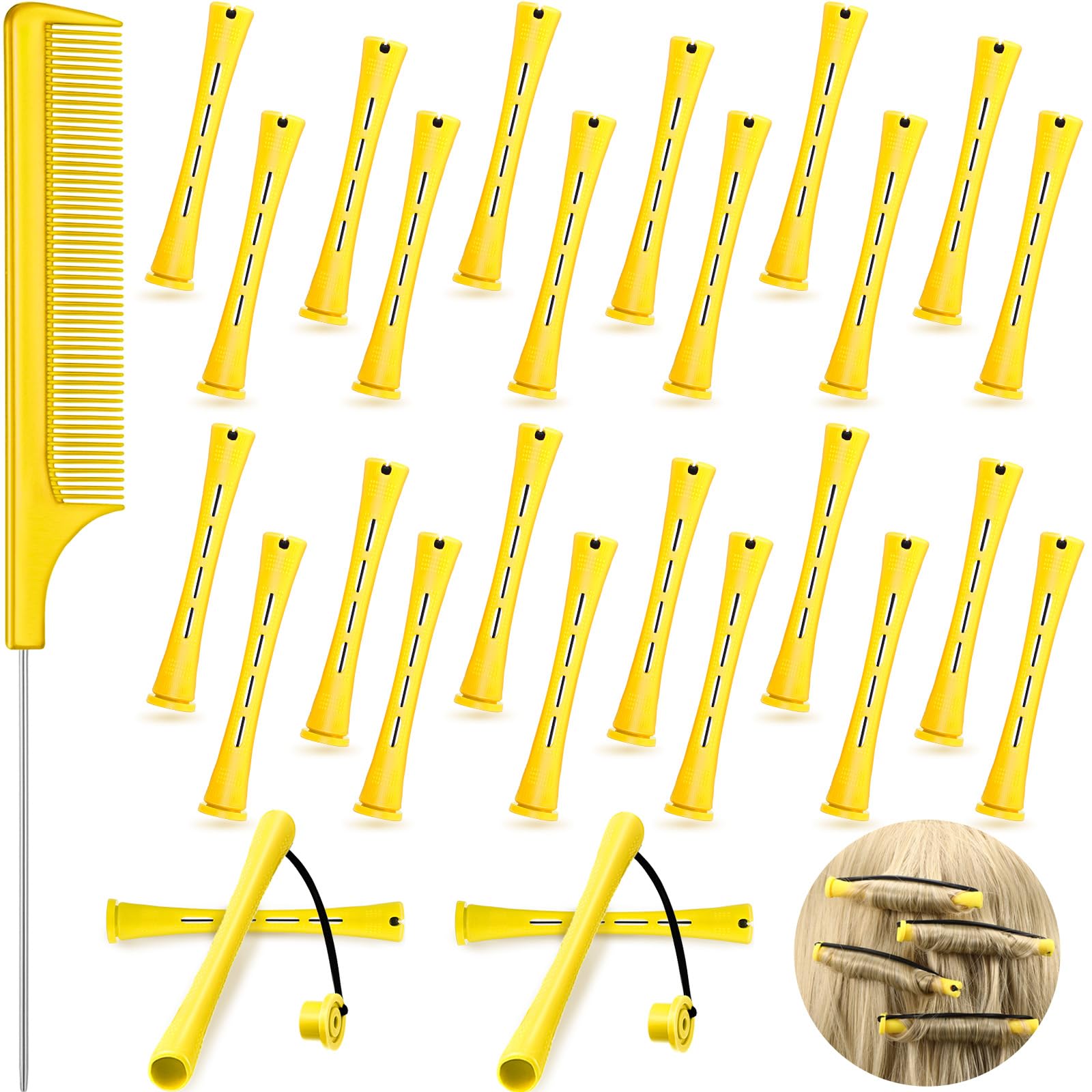 Photo 1 of 24 Pieces Hair Perm Rods Plastic Cold Wave Perming Curlers Hair Rollers with Steel Pintail Comb Rat Tail Comb Tools for Hairdressing Styling(Yellow,0.28 Inches)