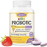 Kids Probiotic Chewables for Digestive Health with 5 Billion CFUs, Prebiotics and Probiotics for Kids for Gut Health, Immune Support, Nutrient Absorb, Vitamin C, Zinc, 75 Servings