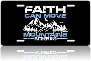 LOISTAVA Faith Can Move Mountains Religion Car Front License Plate Jesus Personalise License Plate Stainless Steel Car Plate Tag Funny Novelty Vanity Tag Decor Screw 12.2"x6.2"