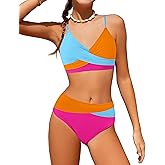 WIQI Girls Swimsuit Bikini Set 2 Piece Bathing Suits Color Block Criss Cross Swimwear Size 9-16