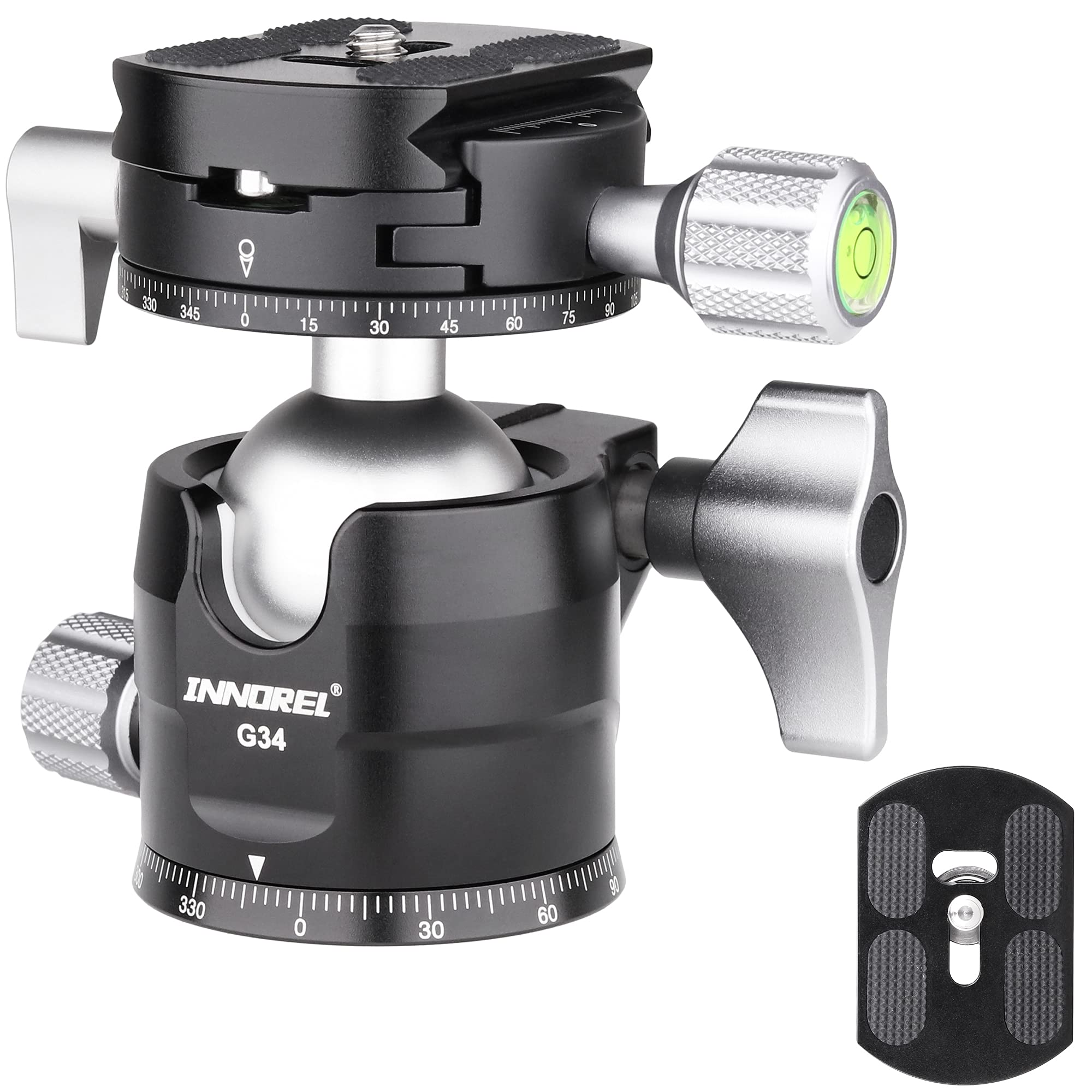 INNOREL G34 Low Profile Tripod Ball Head Double Panoramic CNC Metal Camera Tripod Ballhead with 1/4" Arca Swiss Universal Quick Release Plate for Tripods,Monopod,DSLR Cameras,Camcorder,Max Load 16kg