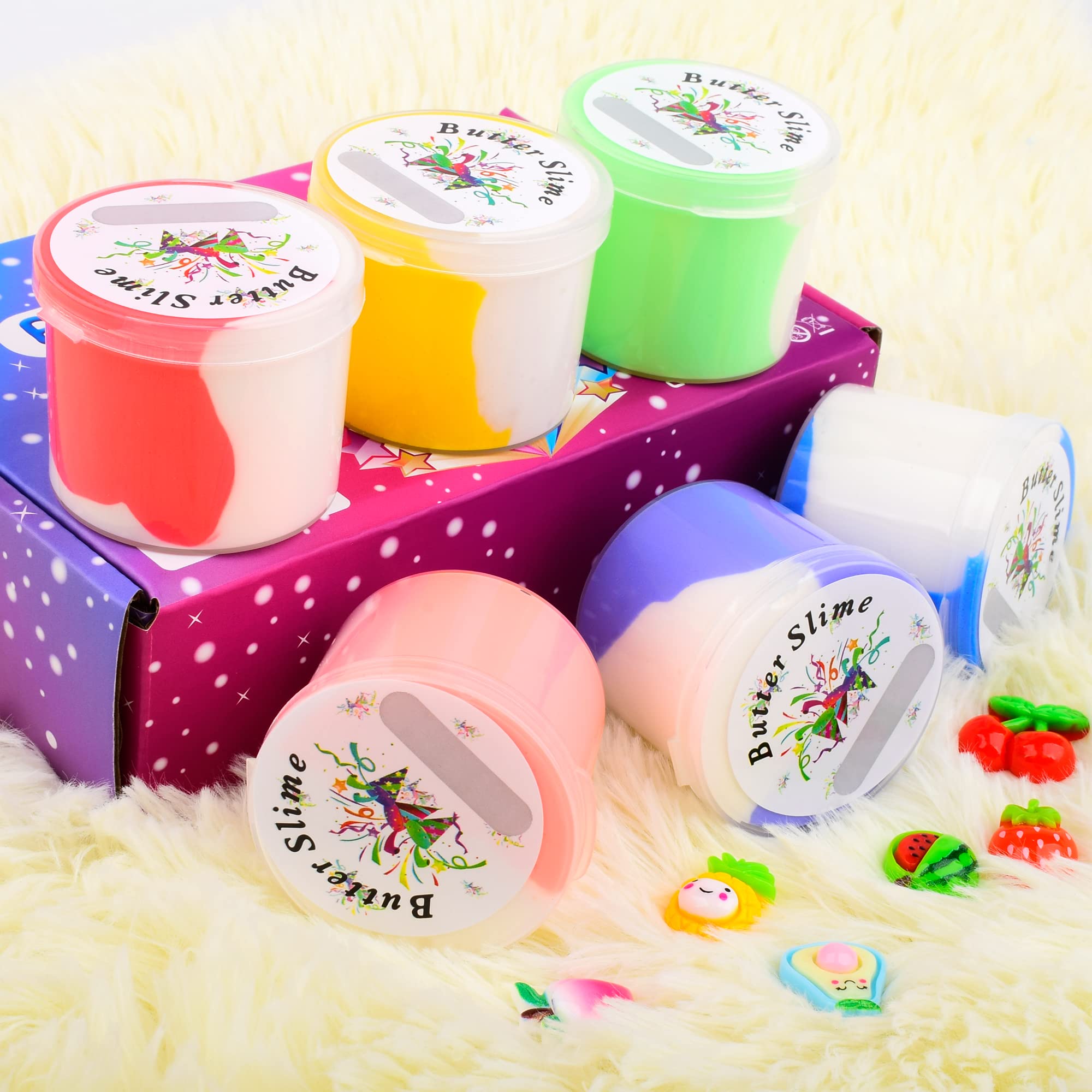 6 Pack Fruit Butter Slime,Watermelon Avocado Pineapple Slime Charms,Birthday Gift Slime Party Favors for Girls Boys