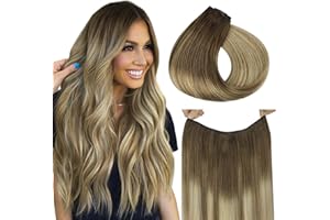 HOTBANANA Wire Hair Extensions, 16 inch 95g Walnut Brown to Ash Brown and Bleach Blonde Fish Line Hair Extensions Real Human Hair Straight Invisible Wire Hair Extensions Remy Hair Extensions