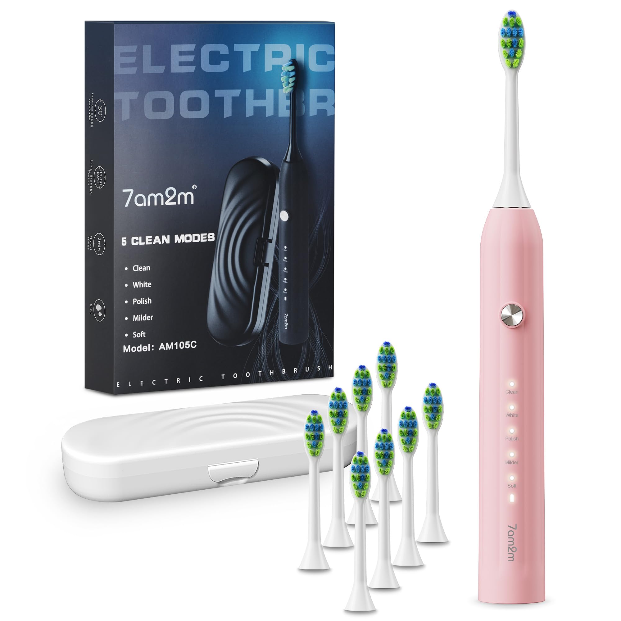 7AM2M Sonic Electric Toothbrush for Adults and Kids, with 8 Brush Heads and Travel Case,5 Modes with 2 Minutes Built in Smart Timer, One Charge Use for 90 Days, Rechargeable Toothbrushes (Pink)