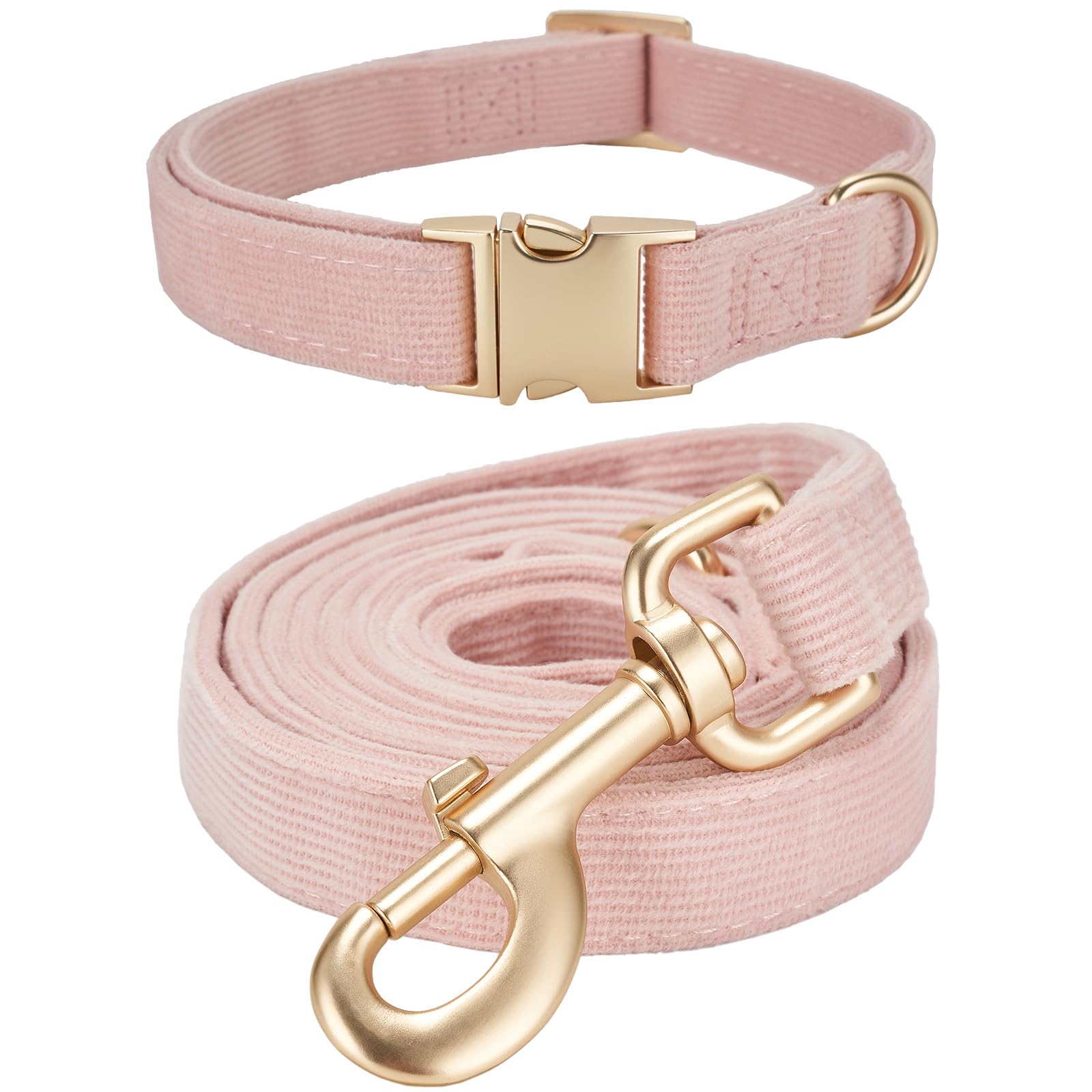 YUDOTE Dog Collar and Lead Set Medium,Soft Non-irritant Corduroy Collar Leash Matching Combo for Daily Walking,Light Pink