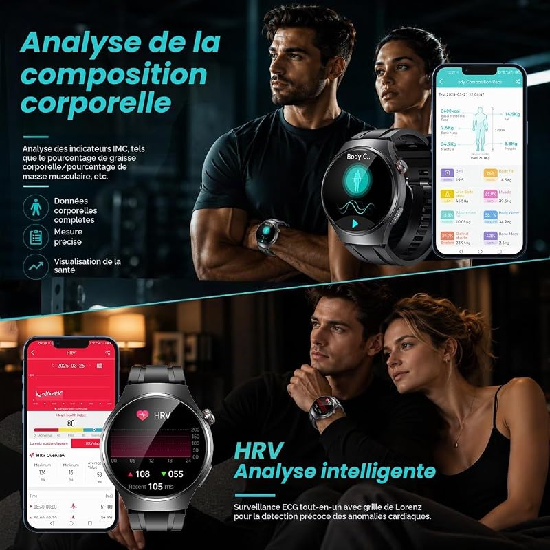 Montre Connectée Homme ECG+HRV Smartwatch: 1.43" AMOLED Montre Intelligente Homme avec Fréquence Cardiaque Tension Arterielle SpO2 Sommeil Température Corporelle Appel Bluetooth pour iOS et Android — photo 3 sur 7