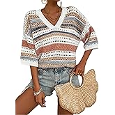 jonivey Womens 3/4 Sleeve V Neck Fall Casual Crochet Knit Sweater Hollow Out Striped Tops Vacation Outfits