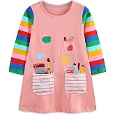 FreeLu Toddler Girls Cartoon Applique Dresses Striped Casual Dress Cotton Jersey Longsleeve T-Shirt