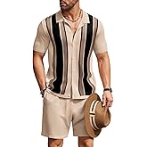 COOFANDY Men's 2 Piece Outfit Vintage Short Sleeve Button Down Knit Polo Shirts Casual Beach Shorts Sets