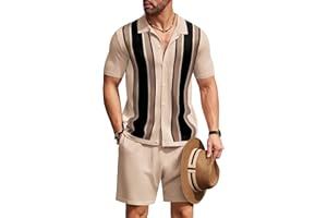 COOFANDY Men's 2 Piece Outfit Vintage Short Sleeve Button Down Knit Polo Shirts Casual Beach Shorts Sets