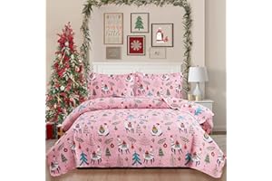 Hailea Christmas Bedspread Coverlets Twin Size Girls Quilt Set Xmas Pink Alpaca Bedding Kids Lightweight Bedspread Reversible Quilts Christmas Holiday Bed Cover Set，1 Quilt and 2 Pillow Shams