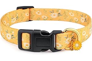 LIUGJIAU Cotton Handmade Dog Collar for Small Medium Large Dogs,Yellow Daisy with Pendant Cute Dog Collars,Ideal for Girl Dogs Boy Dogs (Small)
