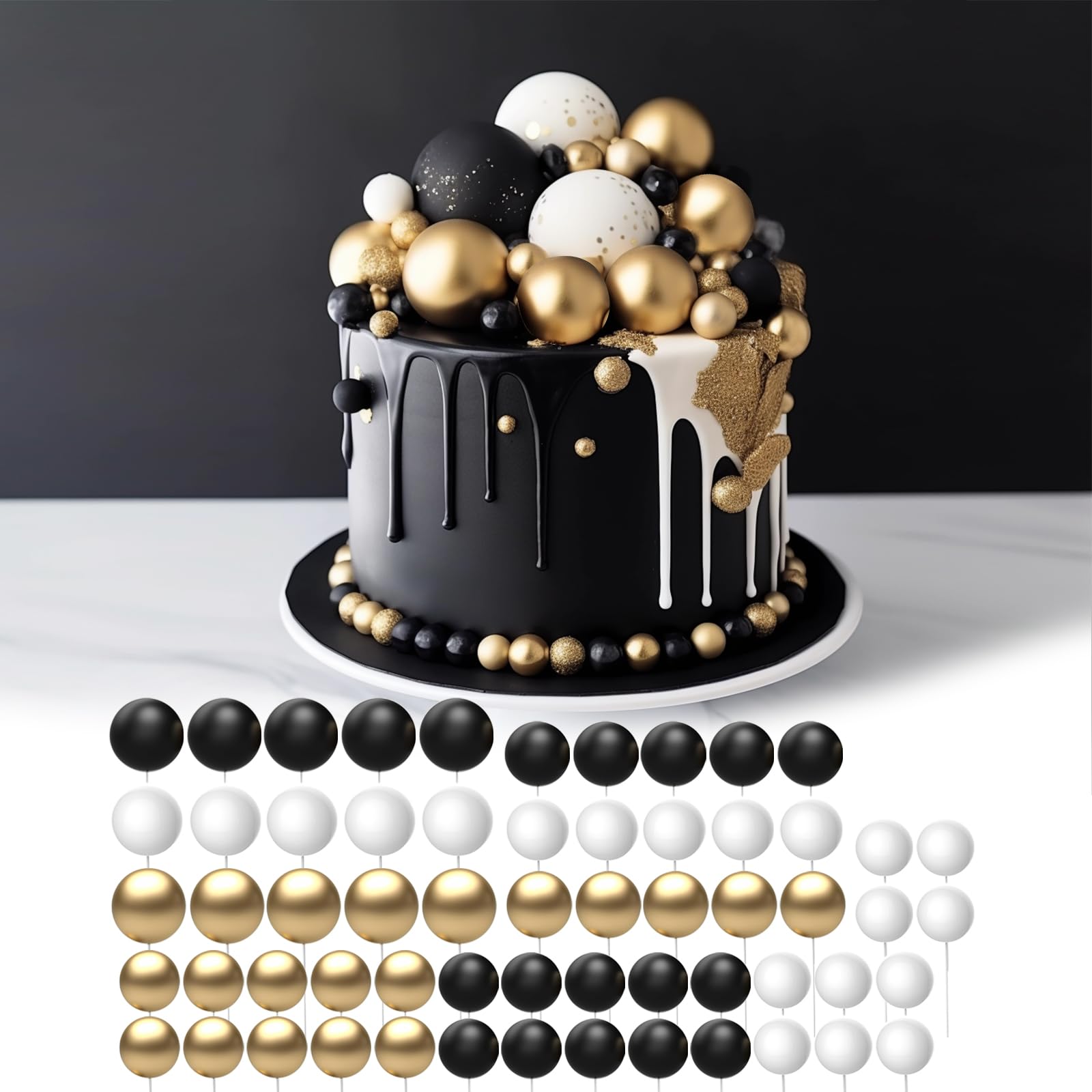 Bosillsm 60 Pcs Ball Cake Topper Balloons Decoration DIY Cake Insert Topper Foam Cake Balls Baking Decoration for Christmas Wedding Anniversary Birthday (Black, Gold, White)
