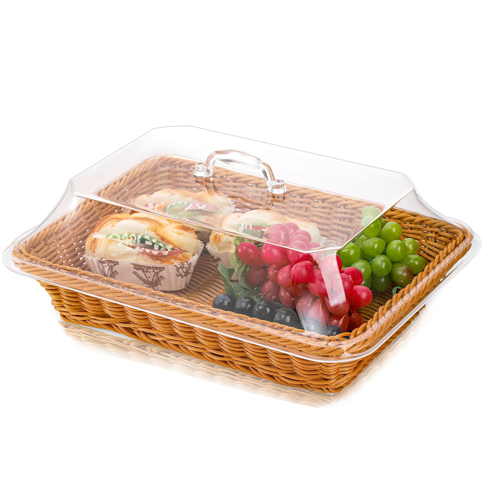 Photo 1 of DEAYOU Imitation Rattan Bread Basket with Lid, Woven Tabletop Food Serving Basket, Poly-Wicker Fruit Basket for Vegetable, Restaurant, Display, Kitchen, Party, Rectangle, 13.8" L x 9.8" W